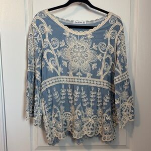 Elegant Floral Lace Blouse in Blue and Cream